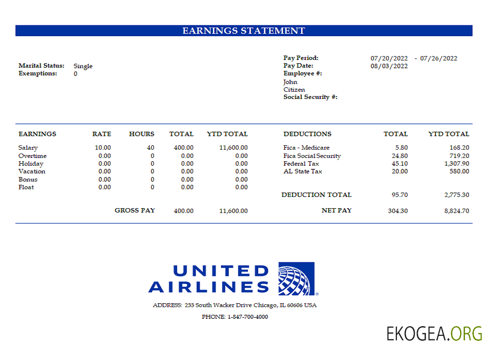 Bulletin de paie de la compagnie aérienne United Airlines Holdings aux États Unis